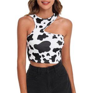 Women's Asymmetrical Neck Sleeveless Slim Fitted Ribbed Cow Print Crop Tank Top